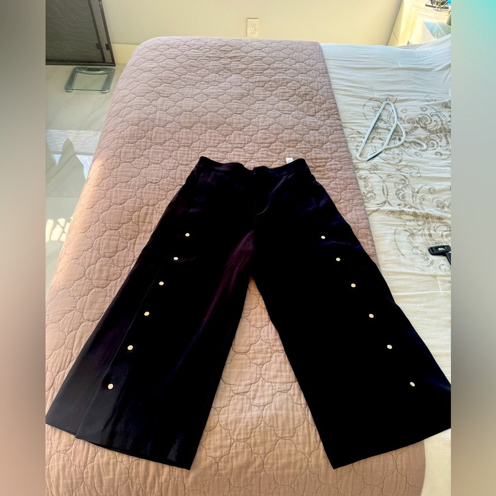 ZARA Modern Black Wide-Leg Pants with Silver Accents. Size XL. Inseam 24”. New